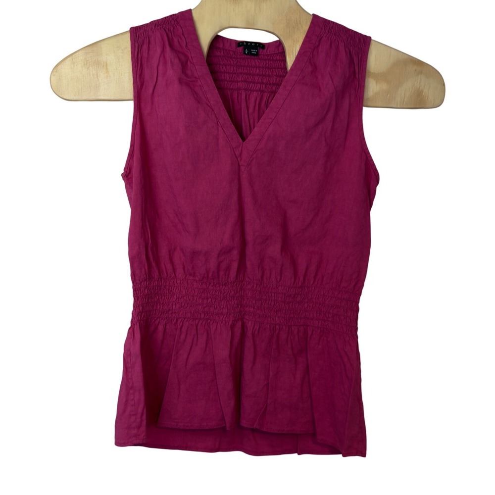Theory Jemda Crunch Linen Blend Sleeveless V-Neck Top Size L Pink Ginger Summer